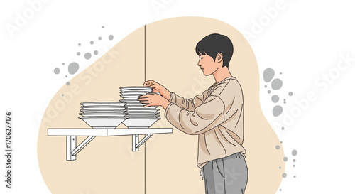 Person Stacking Clean Dishes on a Shelf, Domestic Task, Kitchen Illustration