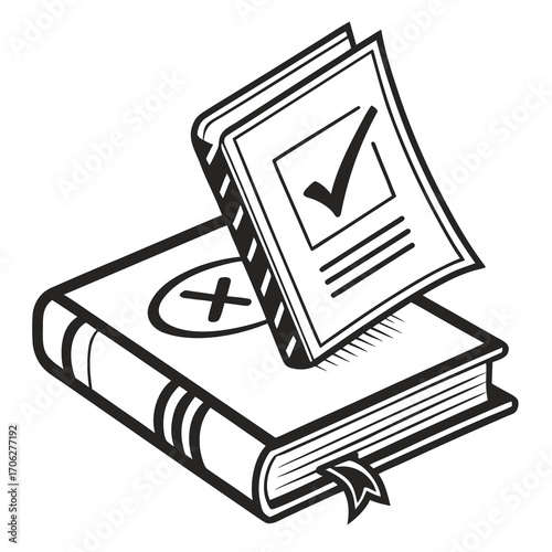 Illustration of two books one with a checkmark and the other with an x symbol representing approval and rejection or correct and incorrect choices