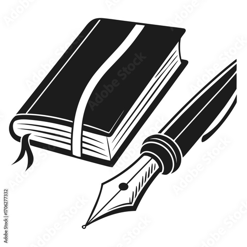 A classic black and white illustration of an open fountain pen resting next to a closed notebook with a ribbon bookmark symbolizing writing and creativity