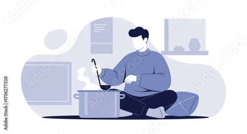 Minimalist Illustration Concept: Man Cooking Soup in a Cozy Home Environment Perfectly Styled