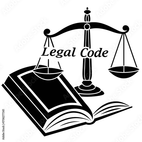 Symbolic representation of justice and law featuring an open book and the scales of justice with the words legal code