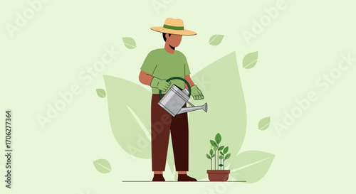 Person Watering Plants: Illustration of Sustainable Gardening and Eco-Friendly Practices
