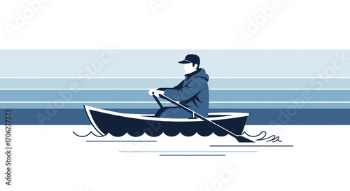 Minimalist Illustration Of A Person Rowing In A Boat On The Water Surface