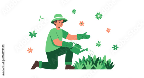 Person Watering Plants, Gardening in Springtime with Green Colors and Flowers
