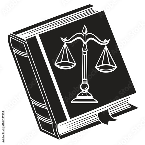 A stylized black and white illustration of an open book with the scales of justice symbol prominently displayed on its cover representing law and legal principles