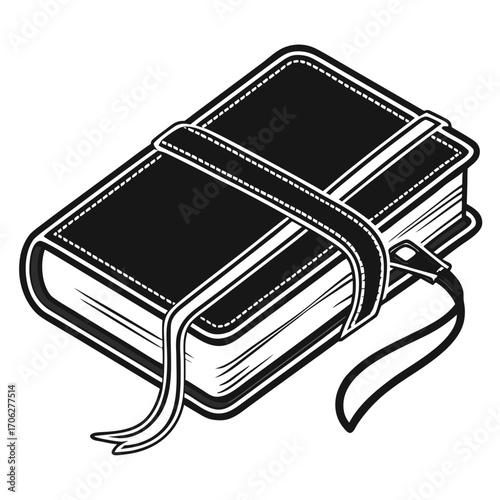 A closed black notebook or journal with a stitched cover and a ribbon bookmark presented in a clean modern isometric vector illustration style