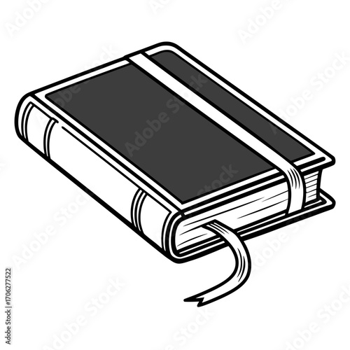 A closed black and white graphic of a hardcover book with a dark gray cover and a white elastic band holding it shut with a ribbon bookmark peeking out from the pages