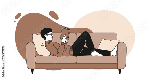 Modern Leisure, Young Person Relaxing on a Sofa Reading a Book, Enjoying Relax