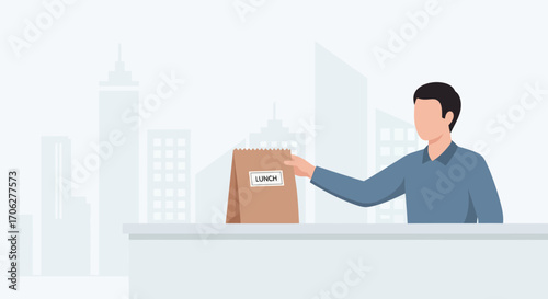 Modern Office Worker Fetching Lunch Bag During A Workday In A City Setting
