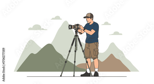 Photographer Adjusting Camera On Tripod With Mountains In The Background Illustration