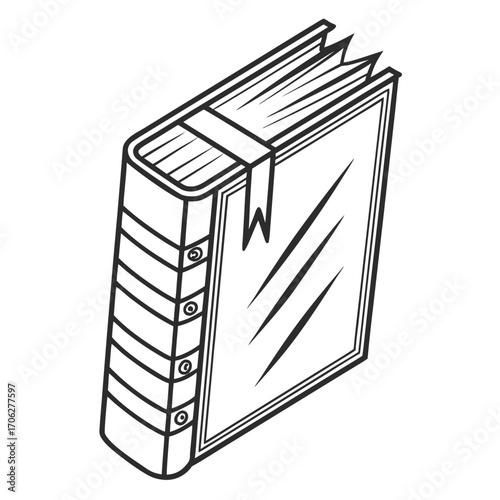 A classic hardcover book with a bookmark and embossed spine presented as a clean black and white line art illustration on a white background
