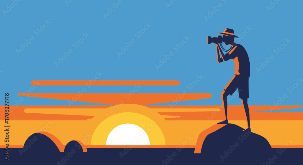 Naklejka premium Photographer Captures Sunset's Splendor Against The Azure Sky, Vivid Silhouette