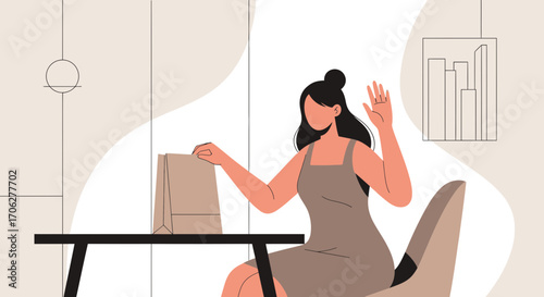 Modern Woman Greet, Receiving Takeout Food, Restaurant Wait, Gesture With Hand In Style