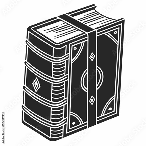Stylized black and white illustration of an antique hardcover book with decorative elements and a strap holding it closed isolated on a white background