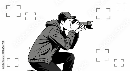 Photographer Capturing A Moment Kneeling With A Professional Camera Ready To Take Photos