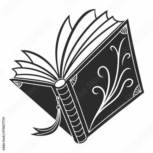 Stylized open book with ornate cover design and decorative tassel symbolizing knowledge learning and storytelling in a graphic illustration