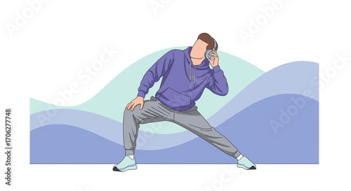 Modern Youth Enjoying Tunes Listen Headphones While Doing Exercises, Illustration