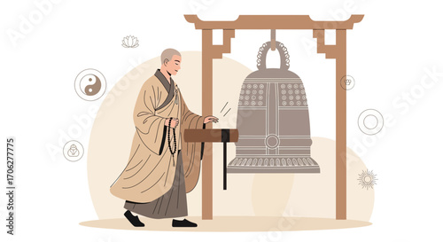 Monk Ringing Traditional Bell In Eastern Sanctuary Beautiful Illustration Artwork