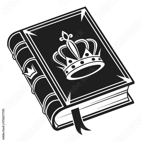 A stylized black and white illustration of an open book with a prominent crown emblem on its cover and a bookmark peeking out from the pages