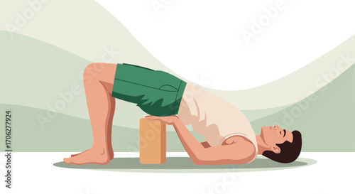 Man Doing Yoga Pose Using A Block For Back Stretching And Relaxing Therapy