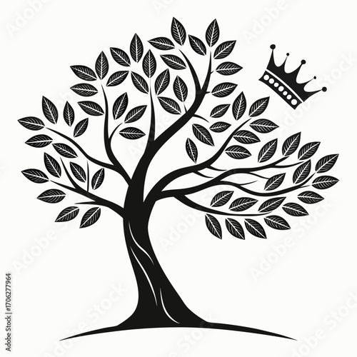 Elegant black silhouette of a majestic tree with a crown symbol adorning its branches against a clean white background