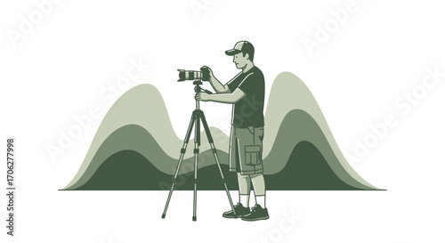 Photographer Capturing Scenery with Camera and Tripod, Illustration style, Outdoors Activity