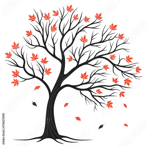 Stylized black tree silhouette with vibrant red maple leaves scattered across its branches and falling to the ground during autumn season
