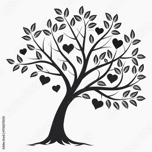 Stylized black silhouette of a tree with heart shaped fruits and detailed leaves on a white background