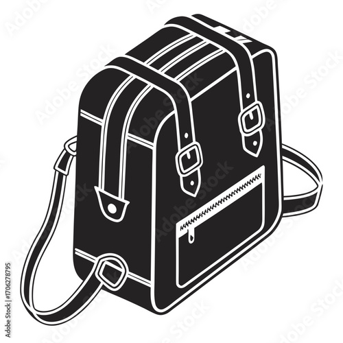 Stylized black and white isometric illustration of a classic leather backpack with buckles and a zippered front pocket perfect for school or travel
