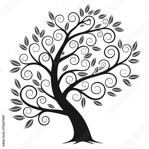 Elegant black silhouette of a stylized tree with swirling branches and detailed leaves against a clean white background representing growth and nature