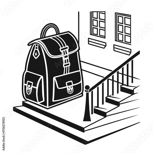 A classic black and white illustration of a large backpack sitting on steps next to a building with windows and a railing