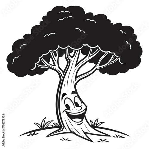 A cheerful cartoon tree with a smiling face and expressive eyes stands on a grassy hill its dark green foliage reaching towards the sky