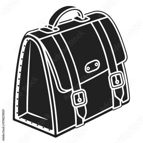 Classic black and white illustration of a vintage leather satchel briefcase with a top handle and buckle closures perfect for school or business