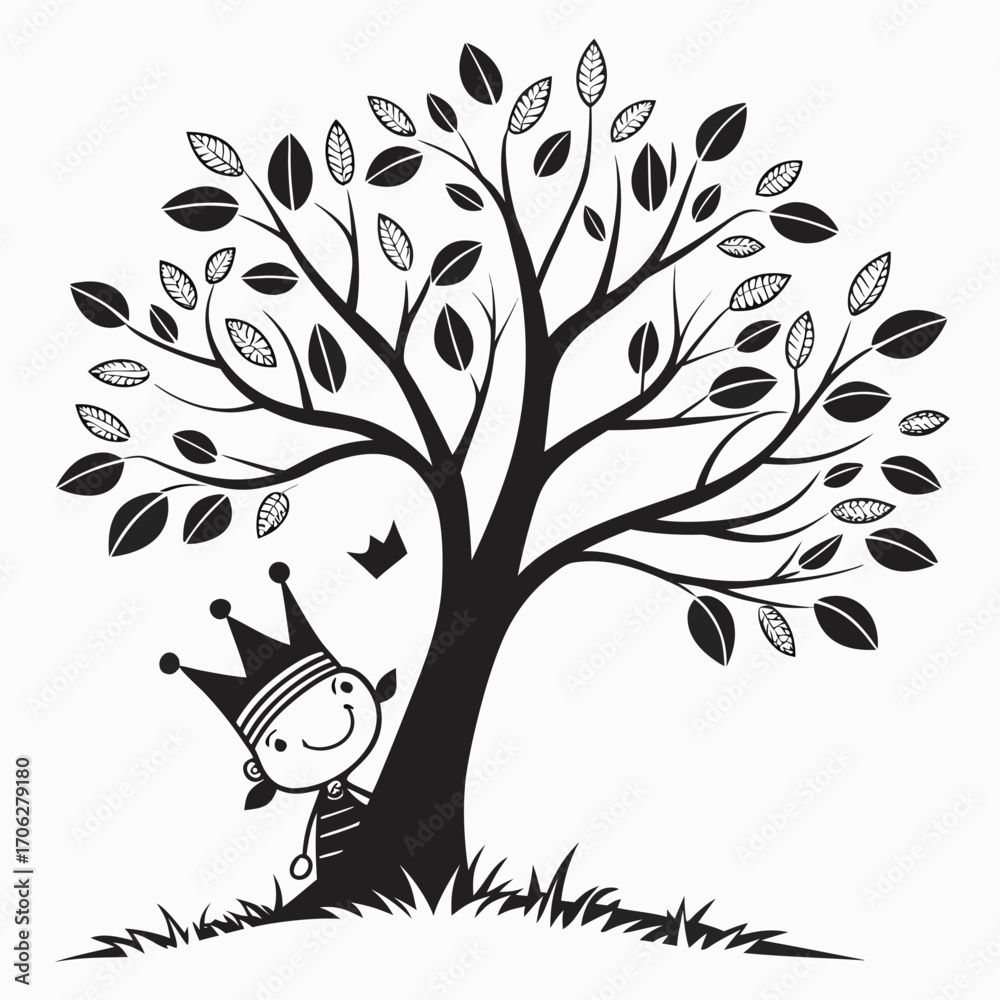 Obraz premium Whimsical black and white illustration of a happy cartoon character wearing a crown peeking from behind a stylized tree with detailed leaves and grass