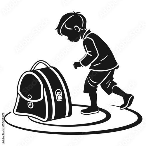 Young schoolboy silhouette bending down to look at his backpack placed on the ground ready for his educational journey