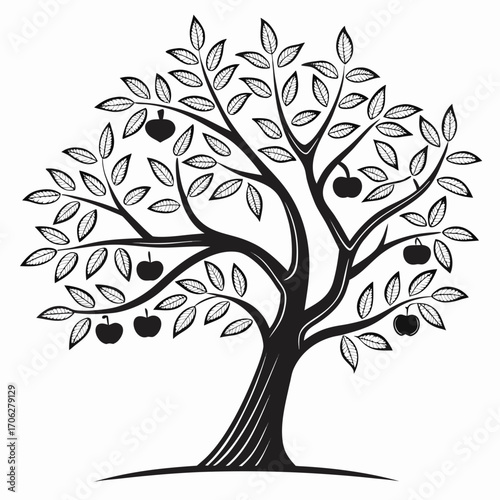 Stylized black and white silhouette of a mature apple tree with abundant leaves and ripe fruit symbolizing nature and harvest
