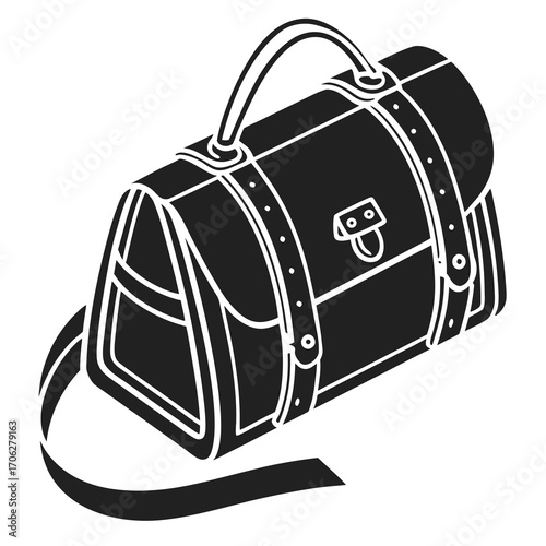 Vintage style black silhouette of a classic doctor s bag or satchel with a sturdy handle and a long shoulder strap