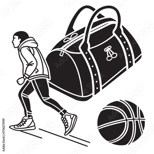 Stylized black and white illustration of a young athletic person running with a large duffel bag and a basketball nearby conveying movement and sports activity