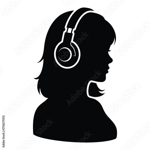 Silhouette of a woman wearing headphones enjoying music sound and audio silhouette