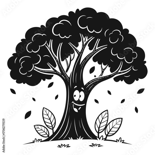 A cheerful cartoon tree character with a happy face and falling leaves rendered in a bold black and white graphic style