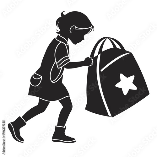 Silhouette of a young child wearing a dress and boots pushing a large bag decorated with a star symbolizing effort and carrying belongings
