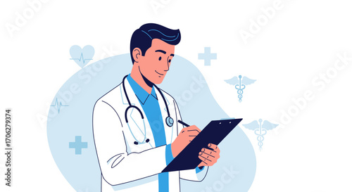 Physician Composing A Medical Report In His Office Using Healthcare Graphics