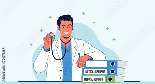 Physician Examining Healthcare Data with Stethoscope and Medical Records in Vibrant Illustration