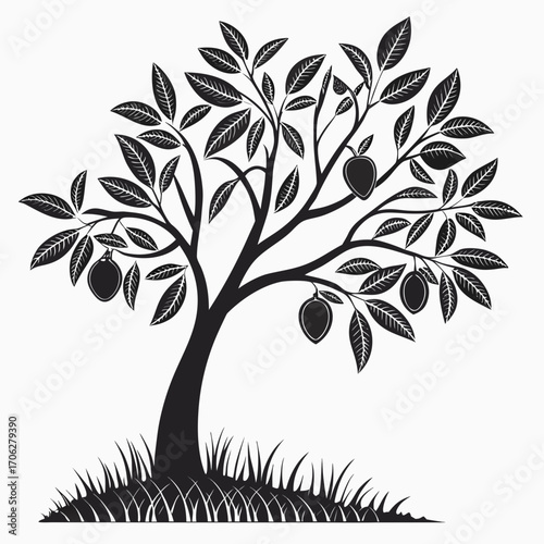 Stylized black silhouette of a fruit tree with oval shaped fruits and detailed leaves growing from a grassy mound against a white background