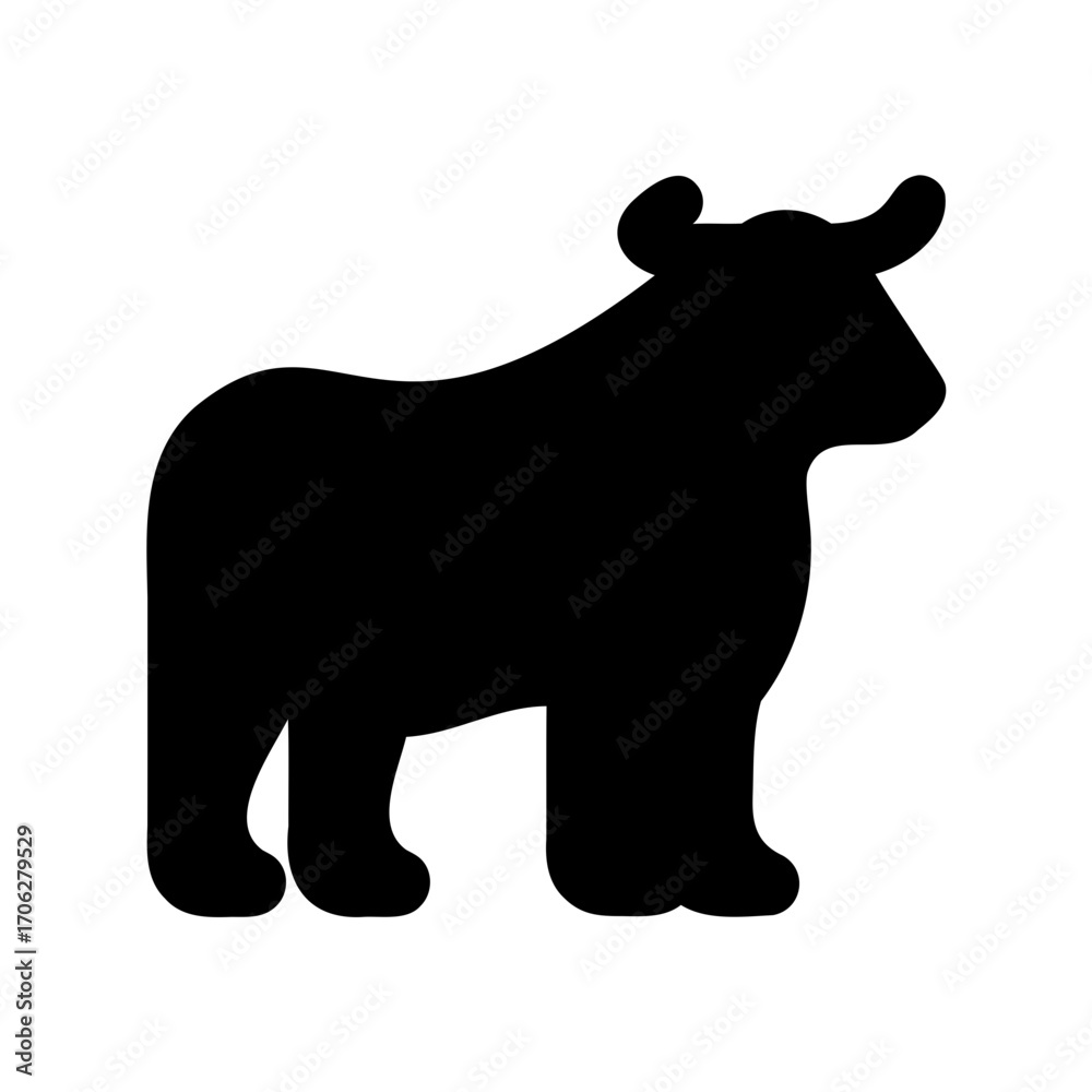 Fototapeta premium Black Silhouette of a Robust Cow with Small Horns on White Background