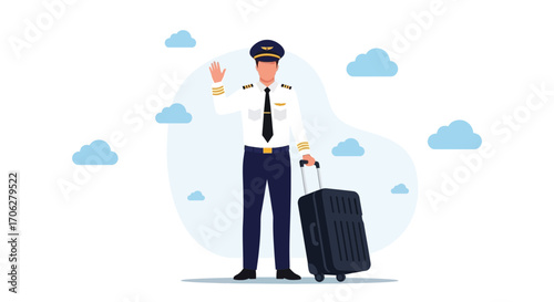 Pilot In Uniform Gesturing Hand Wave Next To The Suitcase Under The Sky Of Clouds