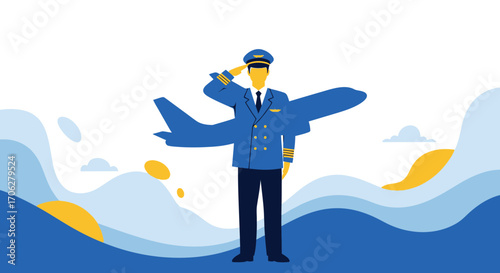 Pilot in Uniform Salute Illustration With Airplane Representing Professional Flight