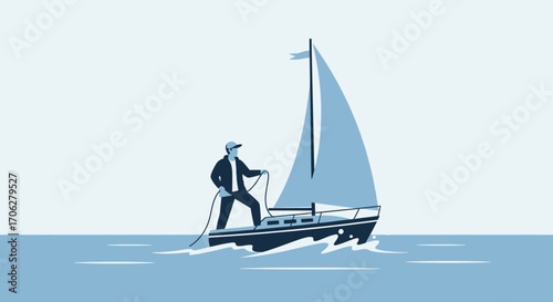 Sailor Navigates A Yacht Through The Waters, Achieving His Seaside Adventure Goal