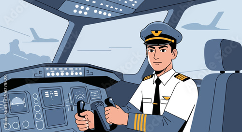 Pilot In The Cockpit Preparing For Flight, Illustrative Artwork Of Flying