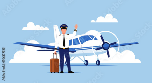 Pilot Posing Near Propeller Plane In Daytime, Ready For Travel Adventure Forever
